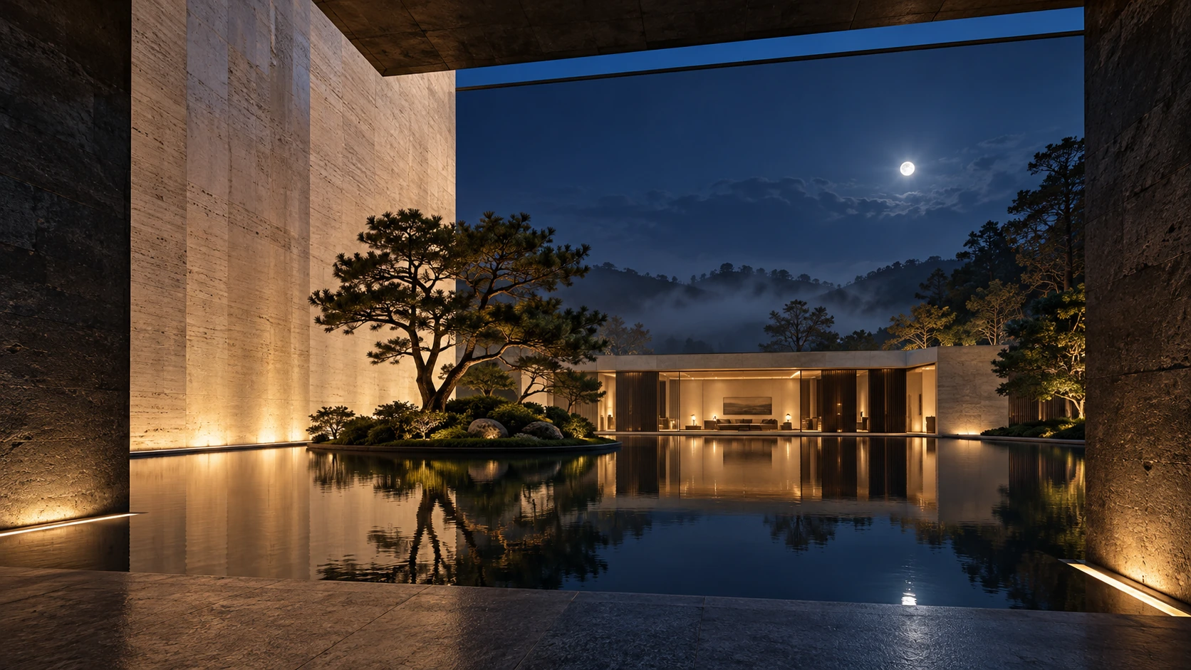 밤의 수원과 나무, 불빛이 켜진 주거 공간